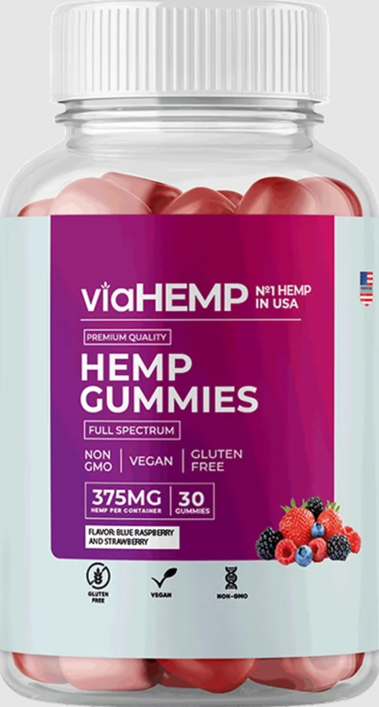Via HEMP Gummies™ bottle — full spectrum, 375MG, 30 vegan gummies, blue raspberry and strawberry flavour