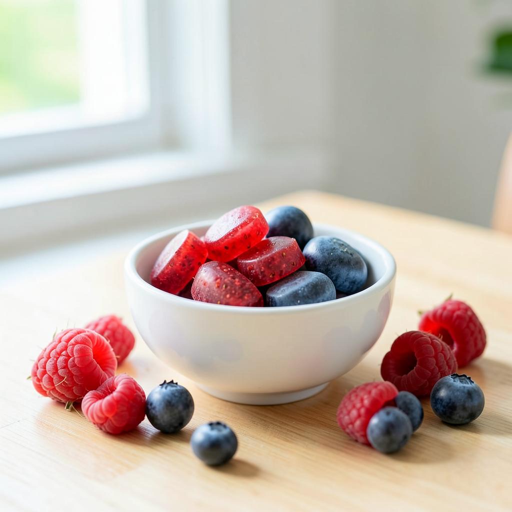 Berry-flavoured hemp gummies in a bowl with fresh raspberries and blueberries