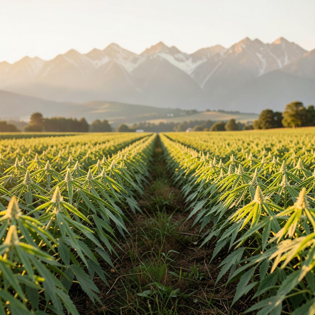 Rows of hemp plants growing in a field at golden hour